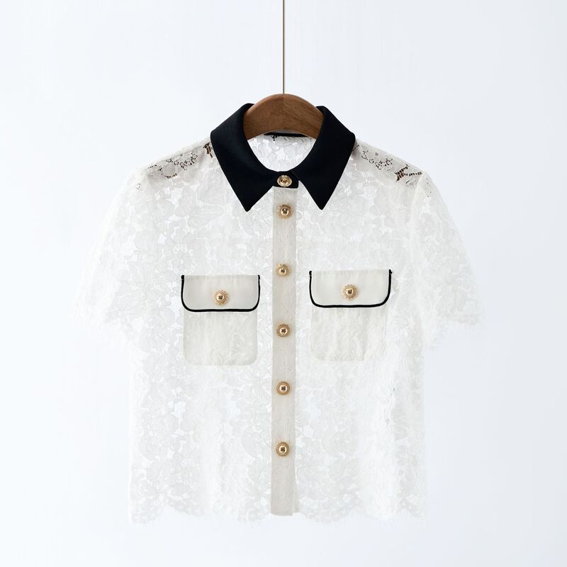 [Same Source as Cabinet Goods] g 3K+25 New Summer Style Pure White Elegant Contrasting Color Lapel Lace Shirt Top
