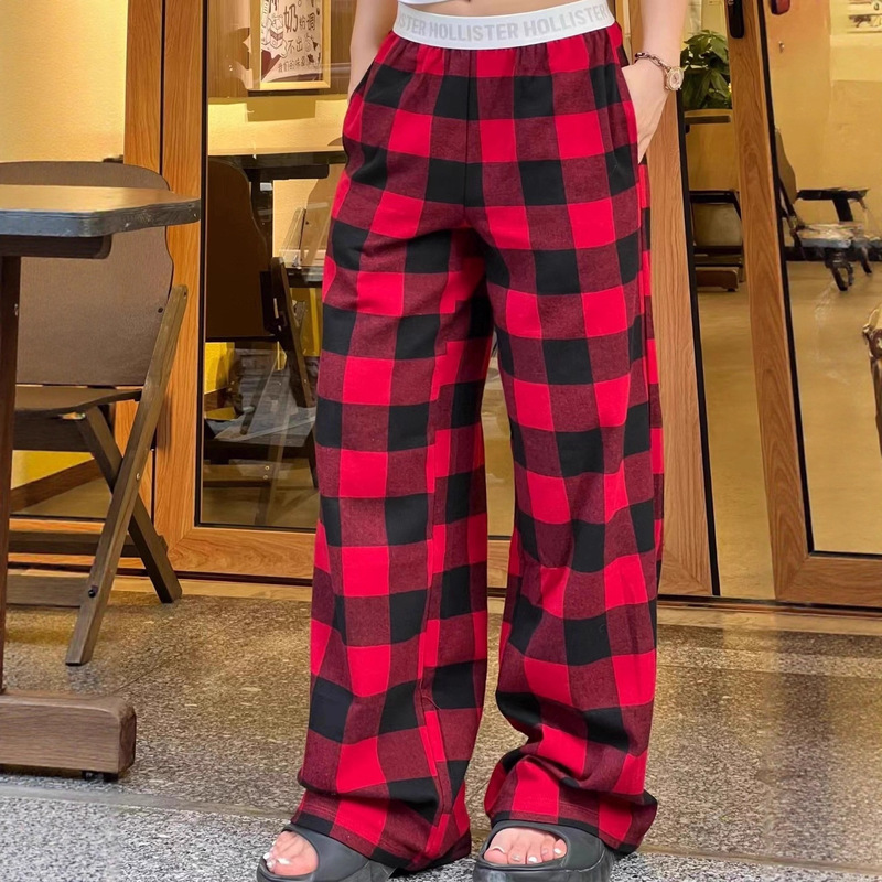 Hollister American-Style Small Seagull Red and Black Plaid Drawstring Casual Pants with Letter Webbing Loose Casual Long Pajama Pants