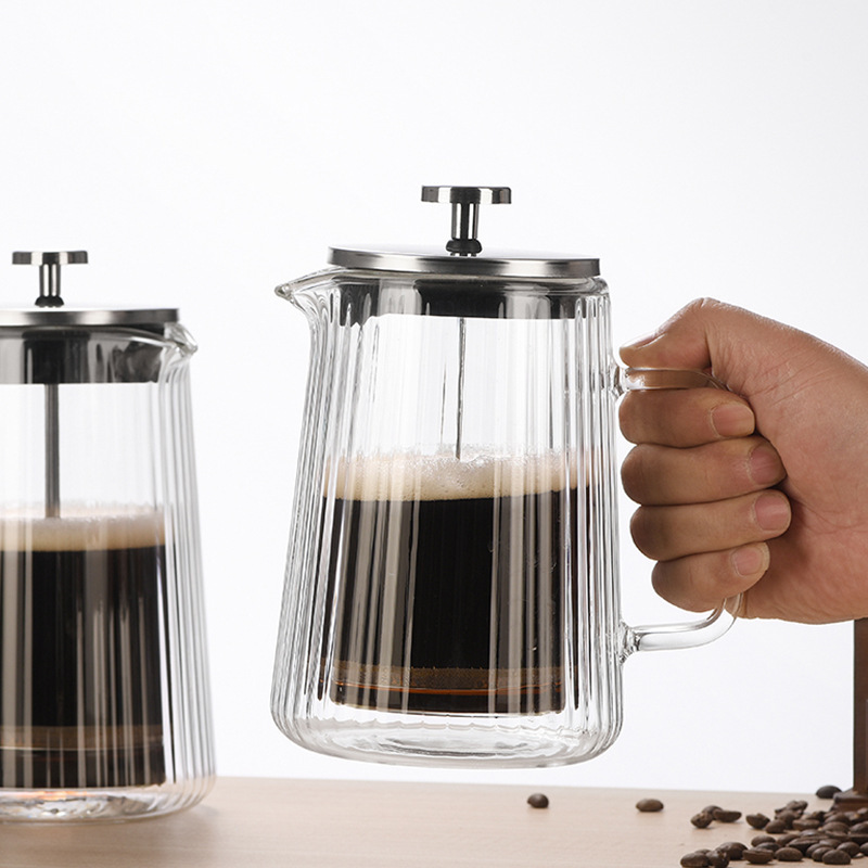高颜値ガラス二重法圧ポット耐熱コーヒー共有ポット縦紋コーヒー器具家庭用フィルター|undefined