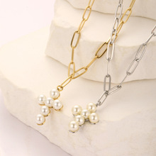 跨境不锈钢项链精美珍珠十字架设计女百搭简约潮流高级感饰品批发