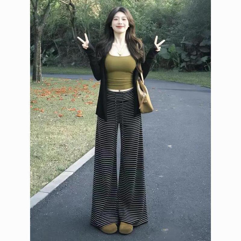 Three-piece women's summer outfit: sexy and stylish slim-fit camisole, versatile slimming cardigan, and black striped casual pants