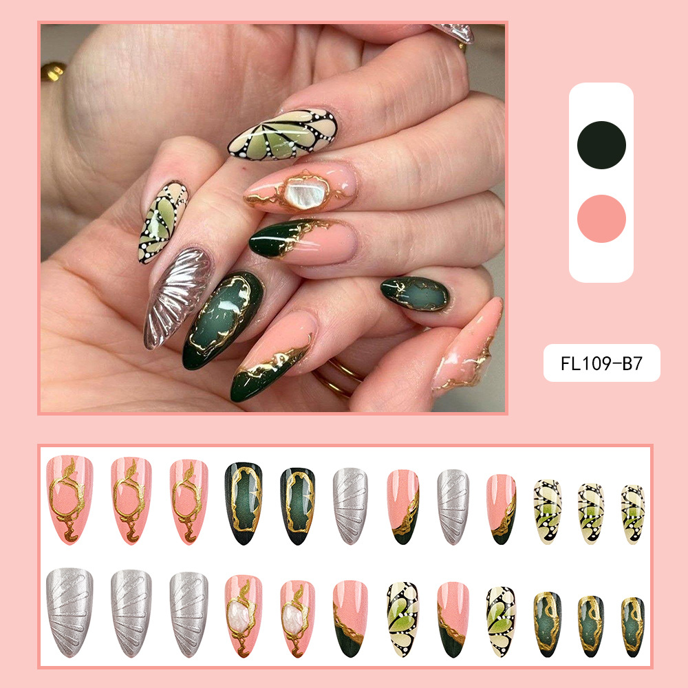 Transfronterizos estereoscopicos LIP dorado para usar uñas de almendras retrógradas sensación artística de belleza de uñas 24 piezas de parche de uñas falsas