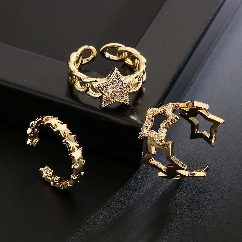 fashion copper 18K gold zircon five-pointed star geometric open ring female