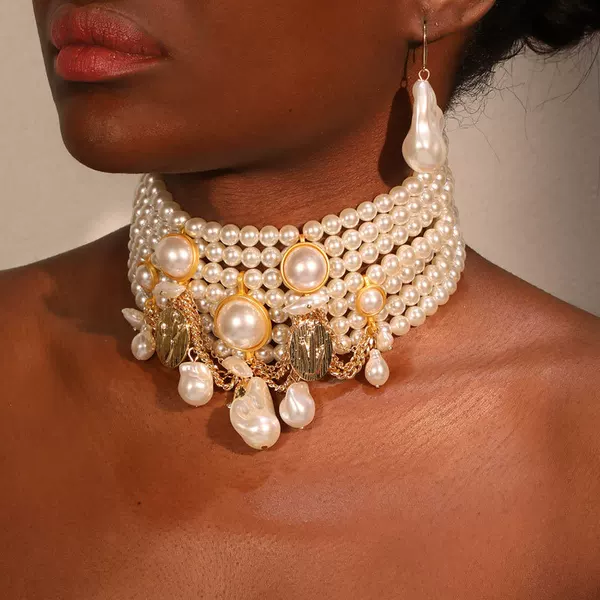 Gute Original New Elegant Imitation Pearl Tassel Necklace Stacked All-In-One Necklace and Earrings Set