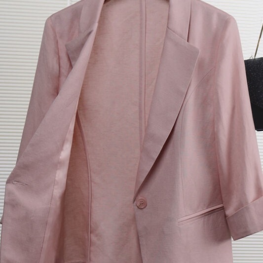 Linen Korean Style Top Suit Cotton and Linen Small Suit Casual Linen Three-Quarter Sleeve Blue Jacket Women's Summer Thin Spring & Fall