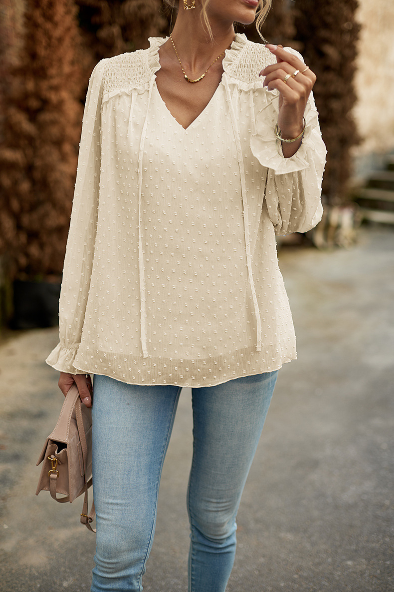 Flounce Sleeve Sleeve Type Polyester Fabric Type Women's Blouse Long Sleeve Blouses Casual Solid Color