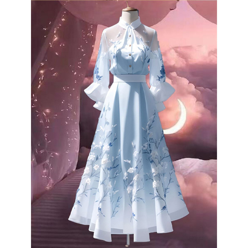 Summer New Style Chinese Hanfu Dress Set for Women, Improved Retro Elegant Top and Ethereal Skirt Two-Piece Set