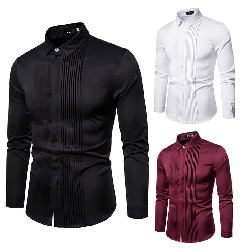 New long sleeved with British style lapel pleated men's uniform, formal dress, base shirt_voghion.com
