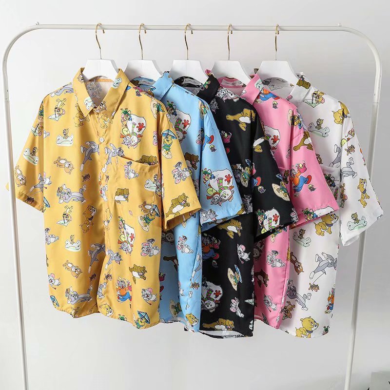 Japanese Style Retro Cartoon Graffiti Hawaiian Short-Sleeved Floral Shirt Men's Loose Couple Wear Student Jacket Trendy Men's Shirt