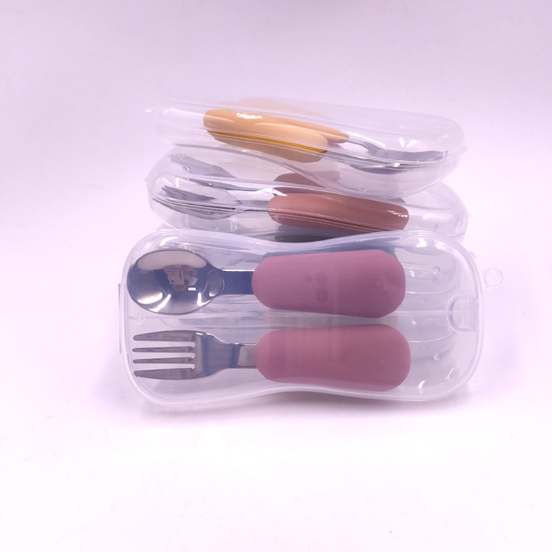 Silicone Short-Handled Baby Training Fork and Spoon Set 316 Stainless Steel Kidsren's Tableware Supplementary Food Feeding Food Grade