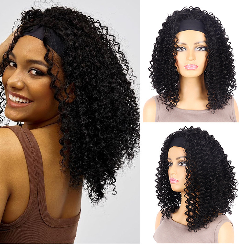 African Short Black Curly Hair Headband Ice Ribbon Export Wig Hand-Wrapped Small Curly Curly