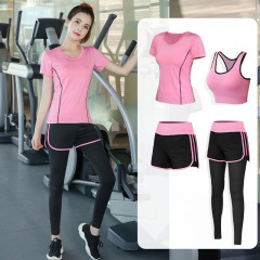 瑜伽服運動套裝女短袖四件套健身服春夏季健身房跑步速干網紅晨跑