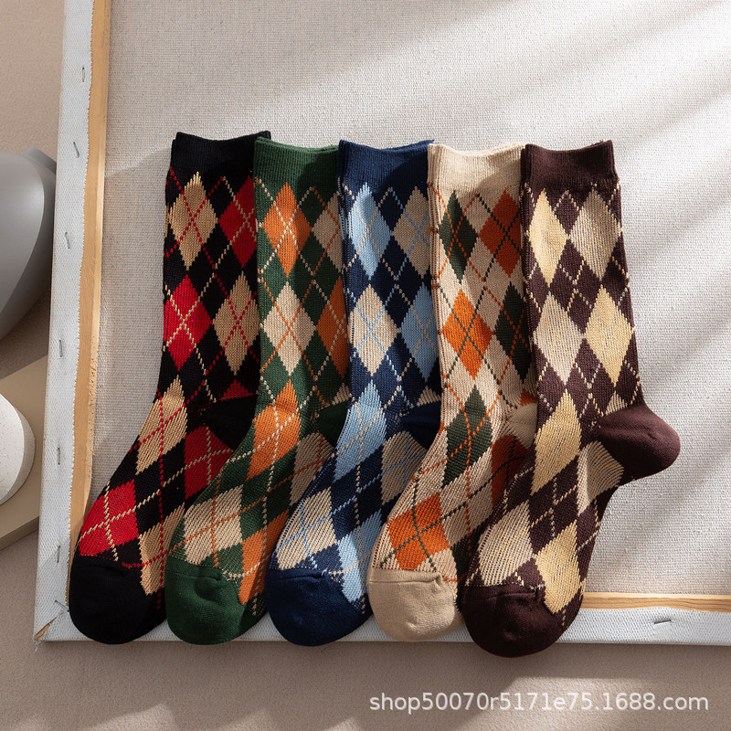 Stockings Children's Winter Mid-length Stockings Thickened Warm ins Trendy Plaid Japanese Style Vintage Autumn and Winter Wool Stacks