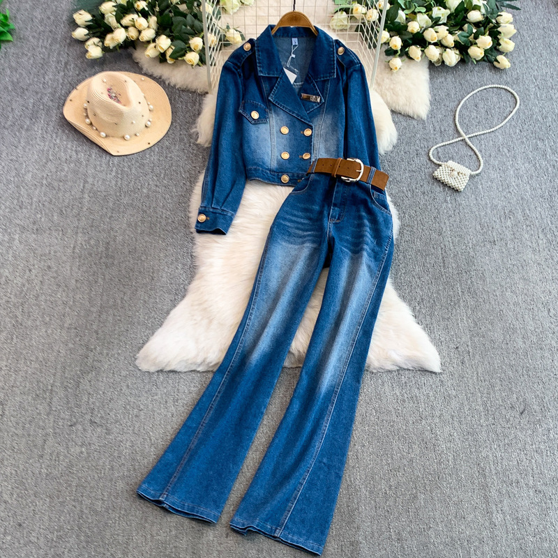 American Retro Distressed Denim Metal Button Suit Collar Short Jacket + Sexy High-Waist Slim Flared Pants Two-Piece Set