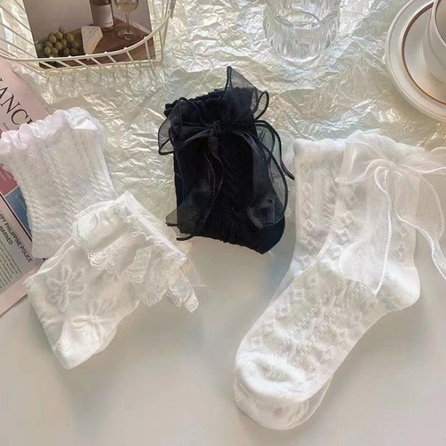 Simple white bow lace socks women's mid-calf socks summer thin Japanese sweet Lolita lace jk socks