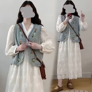 Spring and Summer New Age-Reducing Forest Style French Lace Jacquard Dress Heavily Embroidered Vest Fashionable Outfit Fairy