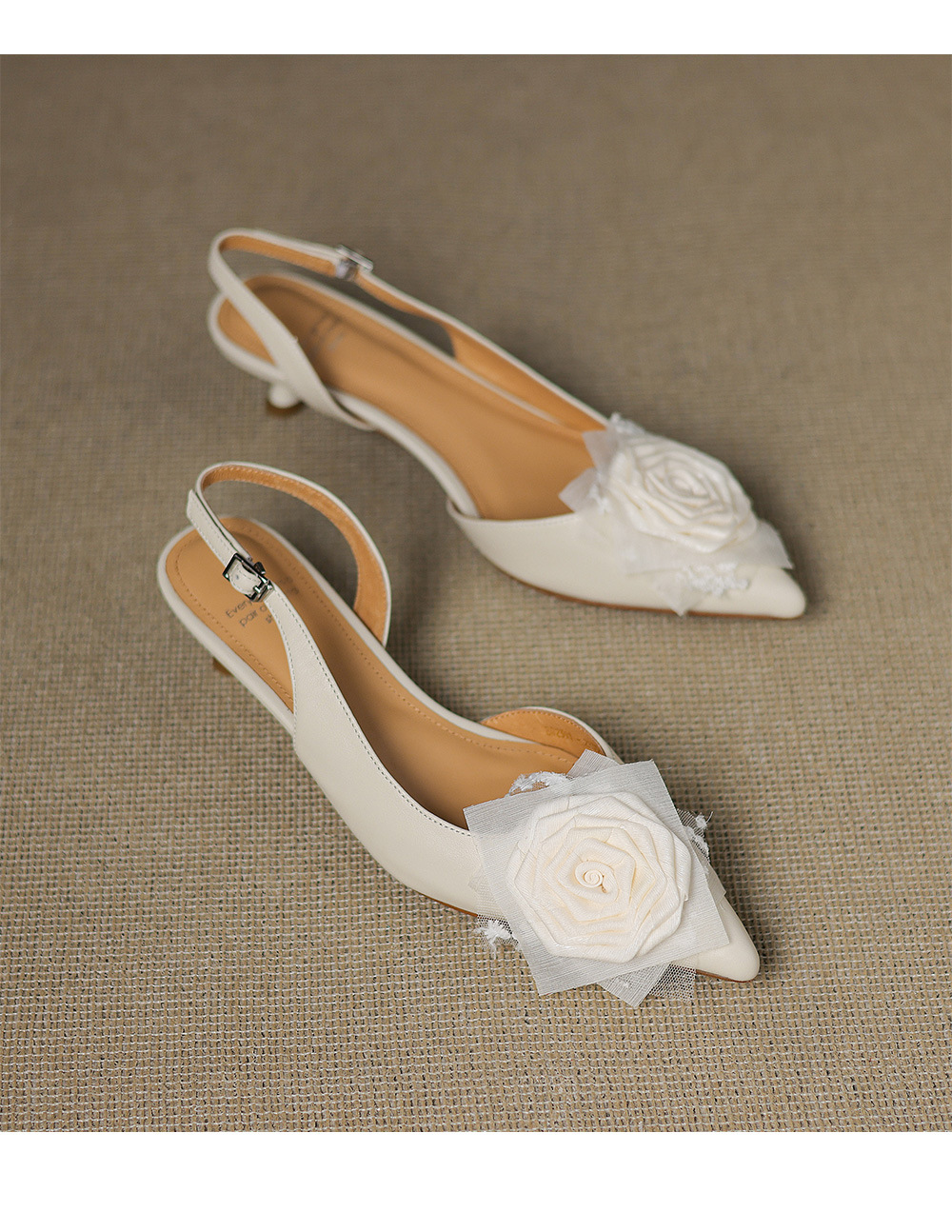 Sandal cao gót nữ hở mũi quai ngang đính hoa, gót 4 cm — Da cừu đen chi tiết 22