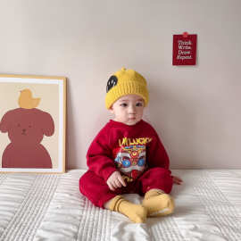 中国色婴儿冬款爬爬服一体加绒加厚贺新服男女宝宝印花老虎头服潮