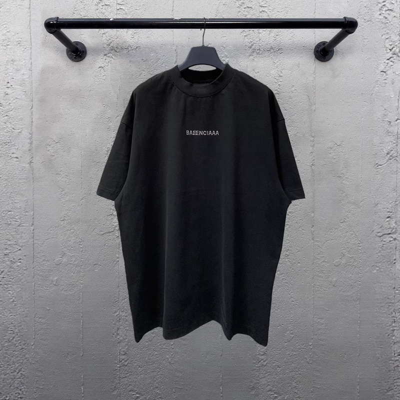 Correct Version of Trendy Brand B's 25Ss New Model, Short-Sleeve T-Shirt with Letters on Front and Back, Rhinestone Embellishments, Washed Fabric, Os Fit, Loose and Casual Style