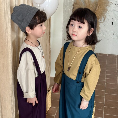 Jiaye children's 2024 spring new long-sleeved T-shirt for boys and girls solid color bottoming round neck slit top inner wear