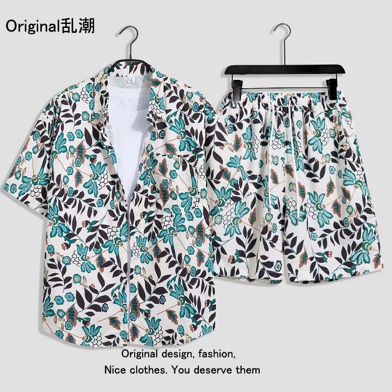 Verano playa floral camisa de manga corta traje de los hombres sueltos ins retro completo impreso pantalones cortos camisa de dos piezas