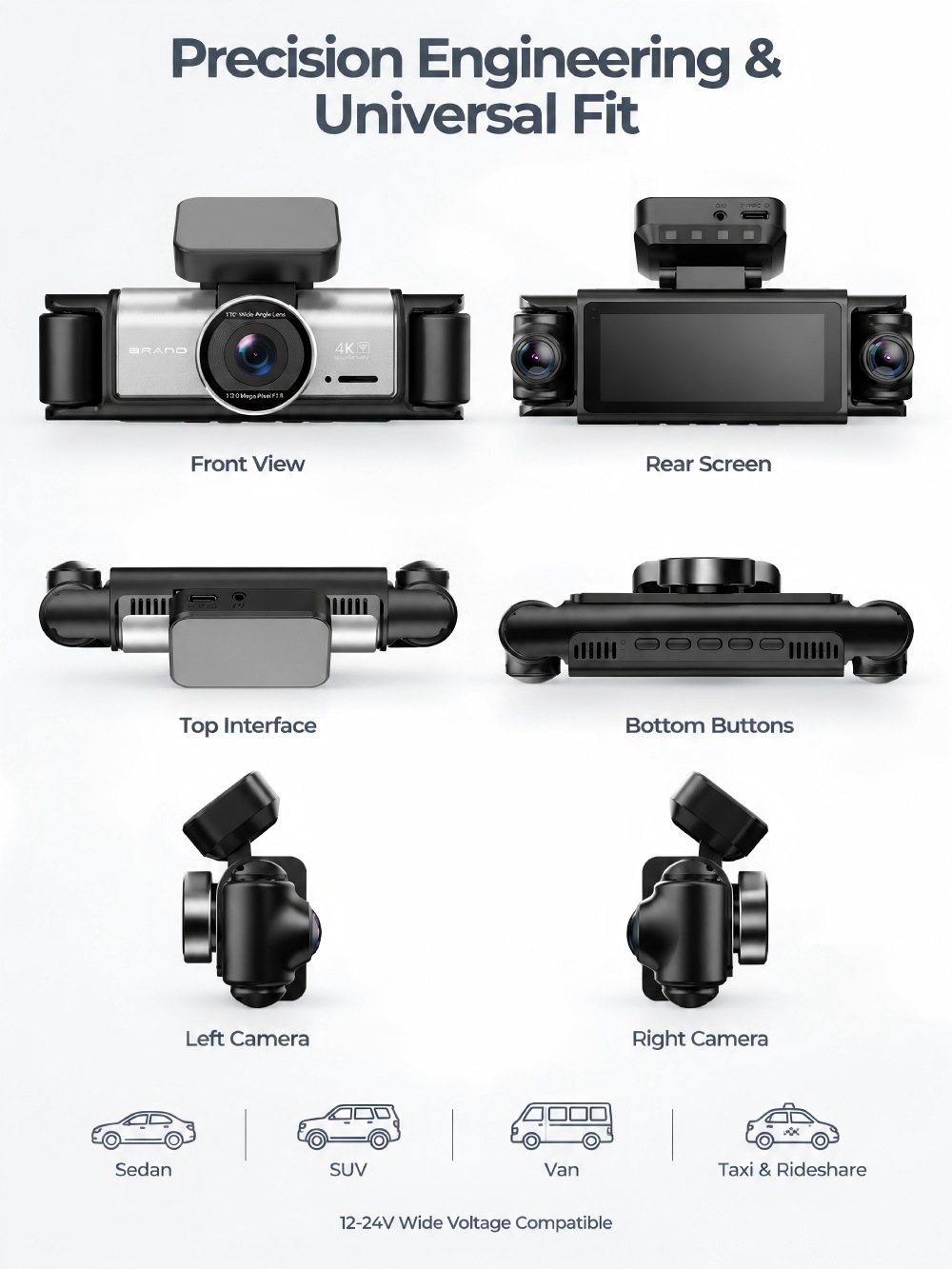 Cross-border 4K dashcam with 5G WiFi, 4-channel recording, front and interior cameras, fisheye wide-angle lens, and ADAS/ BSD driver assistance features