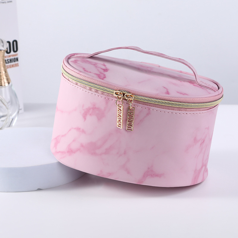 Rosa mate moda bolsa de cosméticos portátil de gran capacidad de mano bolsa de almacenamiento de cuero de la PU de las mujeres bolsa de cosméticos