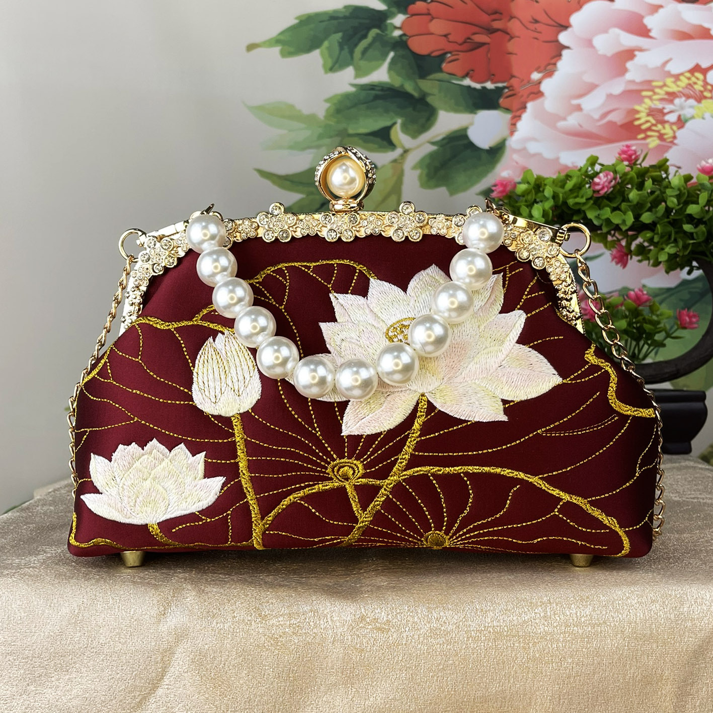 国风旗袍包跨境女包手提包复古百搭珠链口金宴会手拎包直播女包