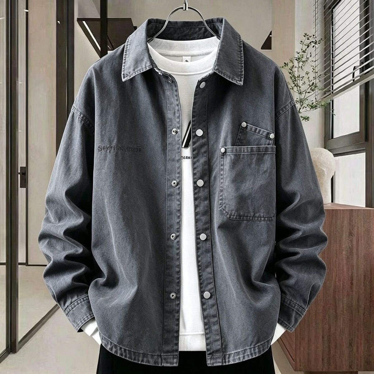 2026 Spring/Autumn New Men's Casual Loose Shirt Jacket with Embroidery, Stylish and Versatile Outerwear for Youth
