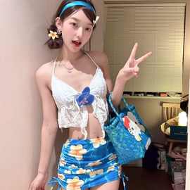 印花度假分体泳衣女包裙三件套吊带可外穿有胸垫遮肉显瘦保守沙滩