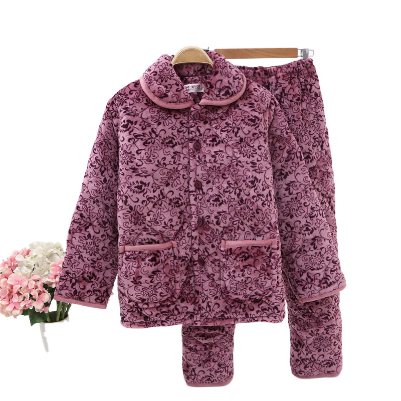 겨울 잠옷 3 층 퀼트 기모 두꺼운 산호 양털 세트 플러스 사이즈 엄마 파자마 홈 옷 세트 외복