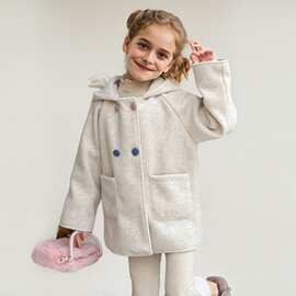 女童可爱兔耳朵纯色毛呢大衣荟八季秋冬儿童连帽呢大衣加厚外套