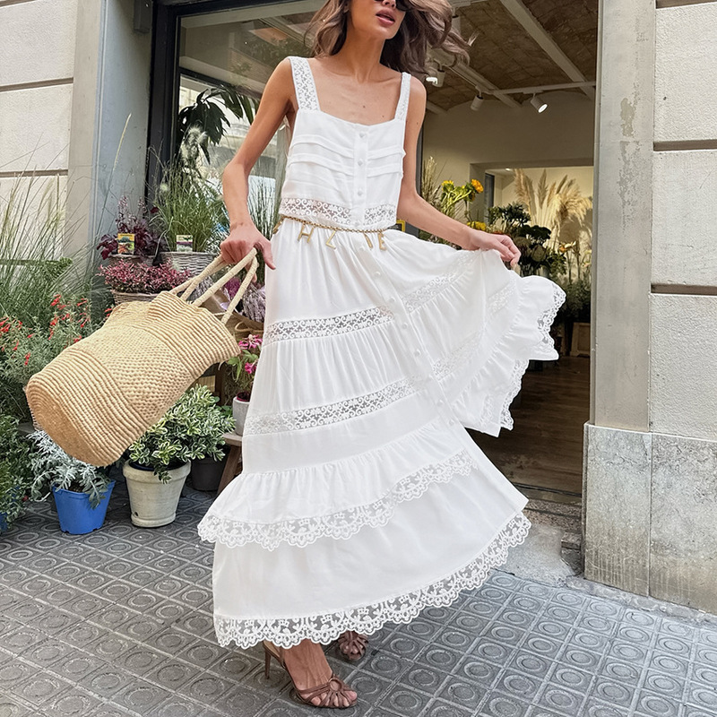 Bohemian Style White Long Lace Patchwork Cake Dress for Women, Summer Casual and Fashionable Spaghetti Strap Dress