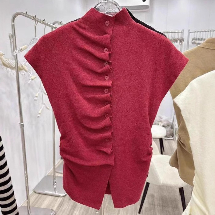 Spring Slit Pleated Half Turtleneck Vest for Women, Irregular Knitted Waist-Cinching Top, Design Sleeveless Sweater
