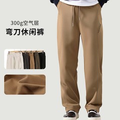 登捷男装秋季空气层弯刀裤宽松卡其刺绣直筒休闲长裤潮流休闲裤