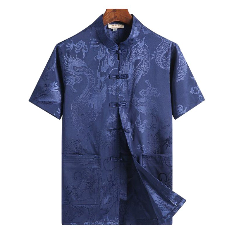 Костюм Тан в китайском стиле, Мужская одежда для мужчин среднего и пожилого возраста, летняя рубашка с короткими рукавами, атласная рубашка с короткими рукавами, атласная майка с драконом