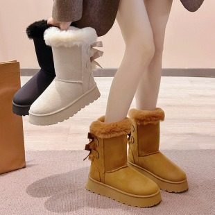 Thick-Soled High-Top Snow Boots for Women 2025 Winter New Style Bow-Knot Fairy Style Fleece-Lined Cotton Boots Casual Versatile Cotton Shoes