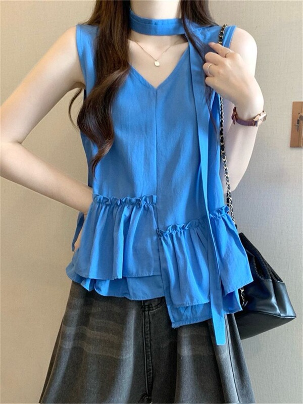 Blue Flutter-Collar Vest for Women, New Summer Design, Slimming and Versatile, Ruffled Sleeveless Babydoll Top