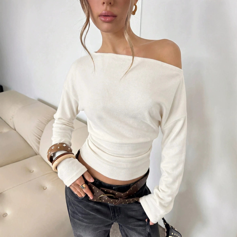 European and American style, relaxed fit, off-the-shoulder long-sleeve top, loose shoulders, fitted waist, slimming effect, women's basic top European and American style, relaxed fit, off-the-shoulder long-sleeve top, loose shoulders, fitted waist, slimming effect, women's basic top