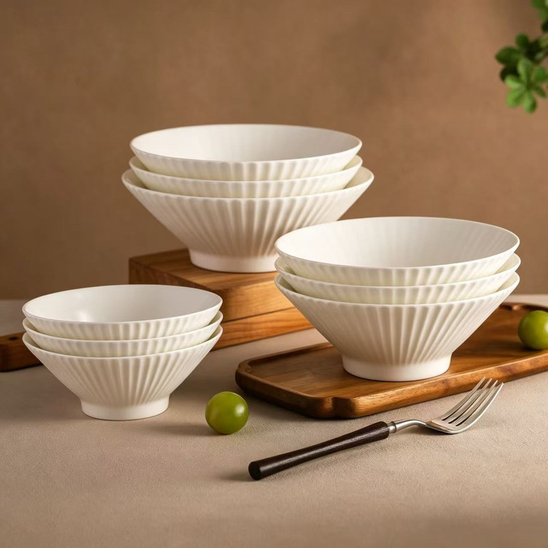 Bone China Conical Bowl, Ramen Bowl, Rice Bowl, Soup Bowl, High-End Ceramic Bowl for Home and Hotel Use, Vertical Stripe Shell Bowl Bone China Conical Bowl, Ramen Bowl, Rice Bowl, Soup Bowl, High-End Ceramic Bowl for Home and Hotel Use, Vertical Stripe Shell Bowl
