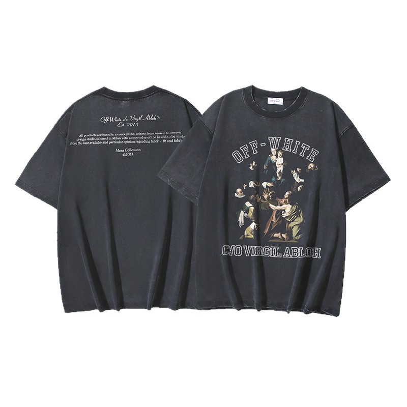 Verano nuevo OFF-WHITE lavado y desgastado doble hilo pesado ángel rojo anciano religioso estampado camiseta de manga corta hombre
