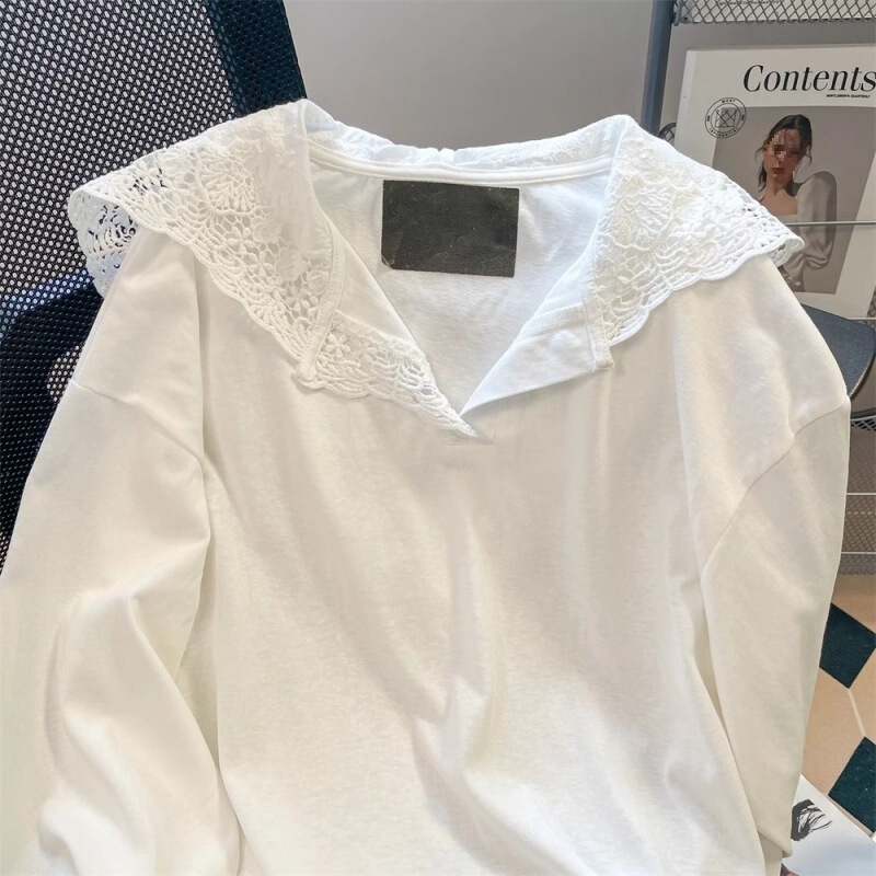 [26 Pieces of Cotton] Korean Style Chic Lace Splicing Hooded Long-Sleeved T-Shirt for Women 2024 Early Autumn Versatile Casual Top