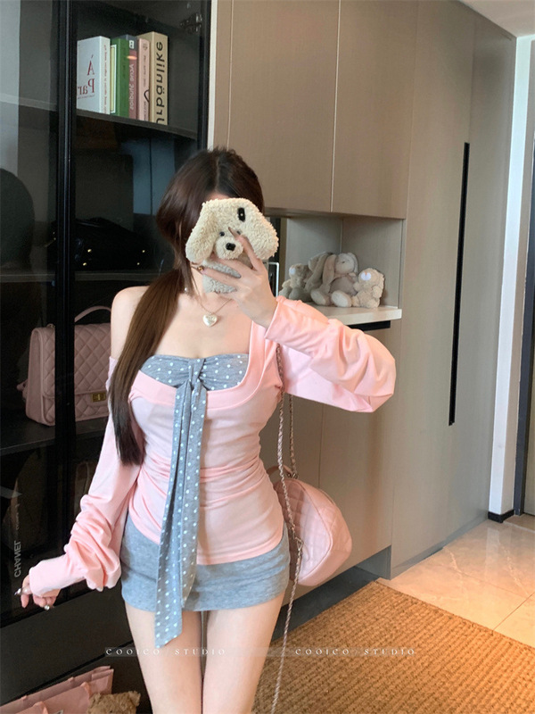 纯欲风波点绑带抹胸背心叠穿长袖T恤女秋季套装包臀半身裙三件套|undefined