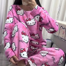 亚马卡通印花法兰绒可爱KT猫女睡裤卡通居家保暖休闲2件套装睡衣