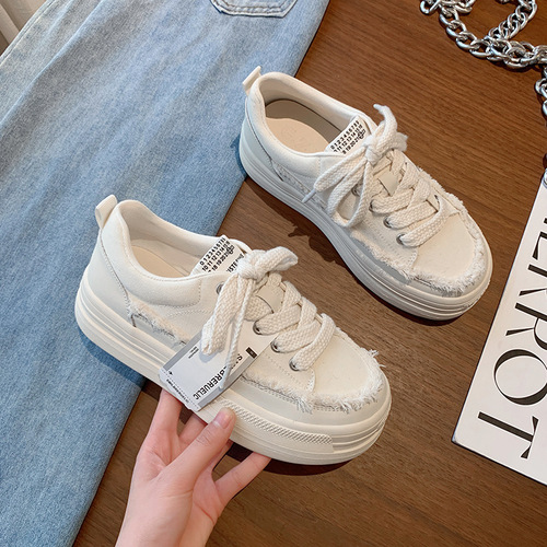 Hongtong Canvas Shoes for Women: New Arrival Japanese-style Retro Fashionable Thick-sole Casual All-Match Loafers: Trendy Distressed Designer Shoes