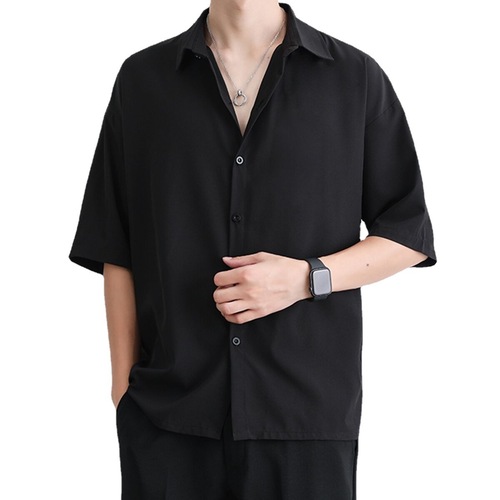 Short-sleeve shirt for men, loose iron-free collarless jacket, half-sleeve Hong Kong-style drape coat, cool rebel men's top, summer thin version