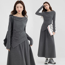 纯欲风两件套长袖女秋季新款高腰休闲不规则上衣一字肩半身裙套装