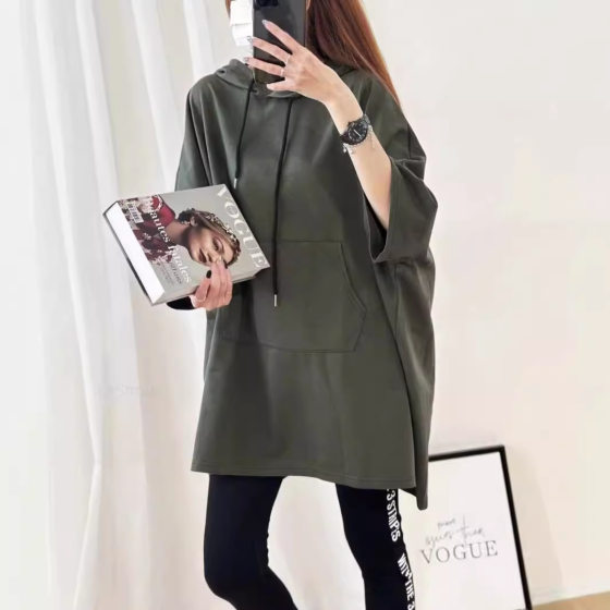 Women's solid color 2023 thin hooded labeling mid-sleeve T-shirt women's hip-covering mid-length loose casual slimming top