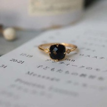 网红直播日系方形天然黑玛瑙玫瑰切面复古镀金戒指女环优雅款高级