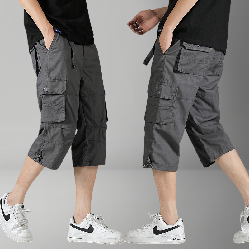 Wholesale export summer thin loose cropped pants men's plus size shorts multi-pocket 7-point overalls with extra fat